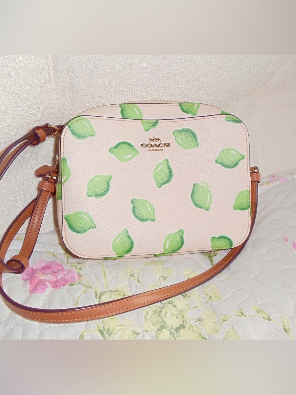 Authentic COACH 💗 pale Pink fun 🍋🟩 Lime Print Leather Crossbody Bag